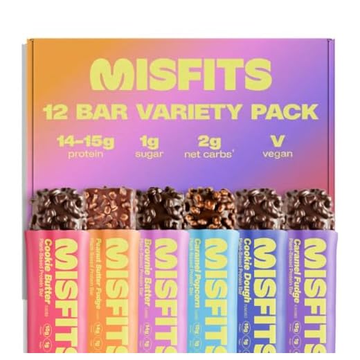 Misfits Vegan Protein Bar, Variety Pack, Plant Based Chocolate Protein Bars, High Protein Snacks with 15g Per Bar, Low Sugar, Low Carb, Gluten Free, Dairy Free, High Fiber, Non GMO, 6 Flavor 12 Pack