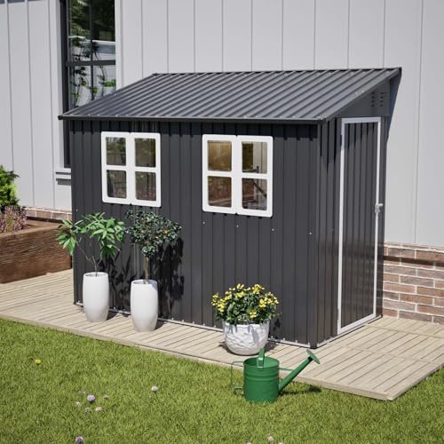 BIRCHTREE 4x8ft Lean To Garden Shed Metal Outdoor Storage Shelter Tool House Pent Roof with Windows, Vent, Foundation Kit and Lockable Single Door, Anthracite