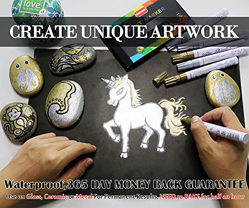 Paint Pen 3 Gold & 3 Silver Metallic Permanent Acrylic Markers Set For Fabric Glass Plastic Rock Wood Ceramic Leather Tire Painting, Medium Tip Fast Drying, Water Resistant Ink #TOP2