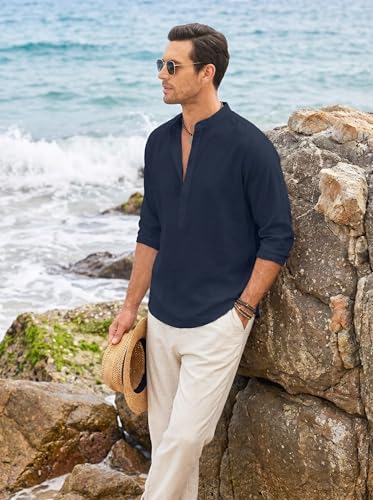 Image of ROYALSCOUT Men's Short Kurta | Solid Mandarin Collar Full Sleeve Pullover Style Kurta | Regular Fit Casual Ethnic Wear for Men