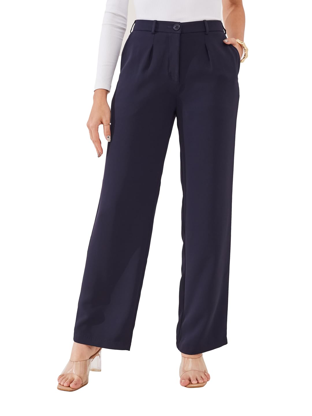latin quarters Women's Blue Solid Casual Straight Fit High Rise Pant-picture-37
