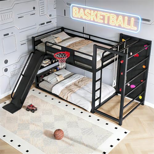 Image of Bellemave Full Over Full Bunk Beds for Kids with Slide, Basketball Hoop & Climbing Wall, Heavy Duty Metal Full Size Bunk Bed with Guardrails, Low Bunk Bed for Bedrooms, No Box Spring Needed, Black