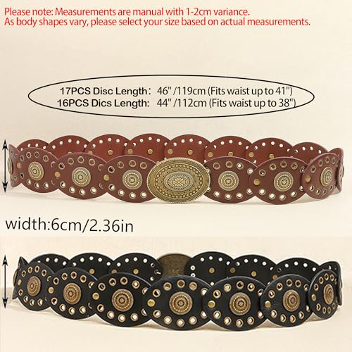 Western Chunky Wide Disc Belt for Women Boho Hollow PU Leather Waist Cowgirl Belt for Dresses Jeans with Metal Buckle3