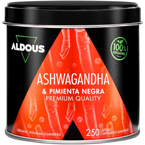 Ashwagandha Capsulas Orgánica 2160mg - 250 Cápsulas Vegetales - Raíz de Ashwagandha con Pimienta Negra - Sin Aditivos - Withania Somnifera Alta Absorción - Certificación Ecológica - ALDOUS
