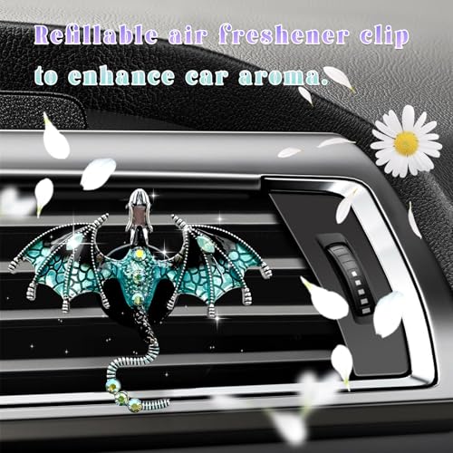 Image of 2PCS Bling Wyvern Car Air Freshener Vent Clips, Alloy Enamel Dragon Auto Outlet Clips with Fragrance Tablets, Refillable Cute Flying Dragon Crystal Vent Clip Aroma Diffuser (Blue)