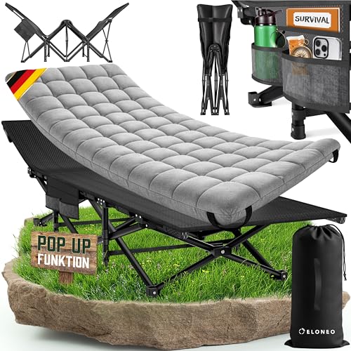 ELONEO NEU Feldbett klappbar mit Premium Auflage | Campingbett bis 200kg belastbar | Campingliege mit Seiten- & Tragetasche | Gästebett klappbar | Klappliege Indoor und Outdoor | Reisebett Erwachsene