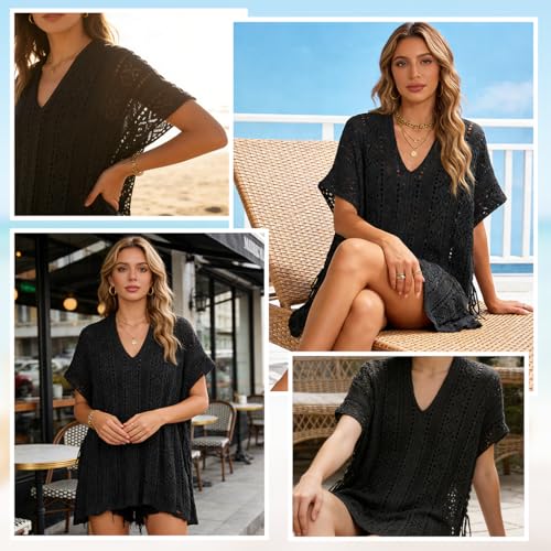 Image of SANNIDHI Crochet Cover Up for Women Loose Fit Beach Cover Up Stylish Boho V Neck Hollow Summer Top Coverup - Fits for Weight 50-70kg and Height 160-178cm