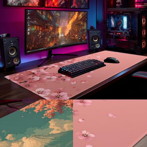 AQQA Pink Japanese Desk Mat with Stitched Edges,31.5" x 15.7" Large Dual-Sided Cherry Blossom Mousepad for Women,Mouse Pad Protector with Waterproof for Laptop Office Accessories by AQQA - Image 6