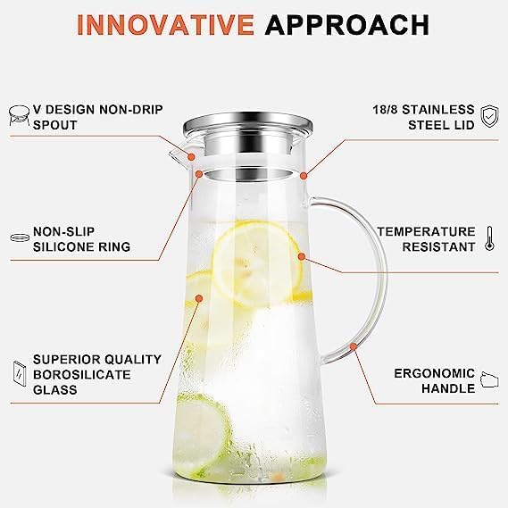 Image of VAGHASIYA Borosilicate Glass Water jug with Stainless Steel lid, for Juice Water iced Tea Pitcher Tea Carafe hot Glass Pitcher and Sun Tea jar, 1300ml (1300 ml)
