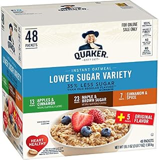 Quaker Instant Oatmeal, Lower Sugar, 4 Flavor Variety Pack, Individual Packets, 48 Count