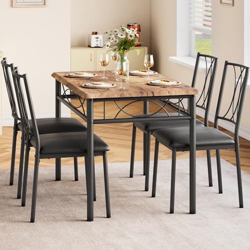 Garvee Small Dining Table Set for 4, Wooden Kitchen Table with 4 Upholstered Chairs, Space Saving Compact Dining Table with Corner Guard, Ideal for Ki