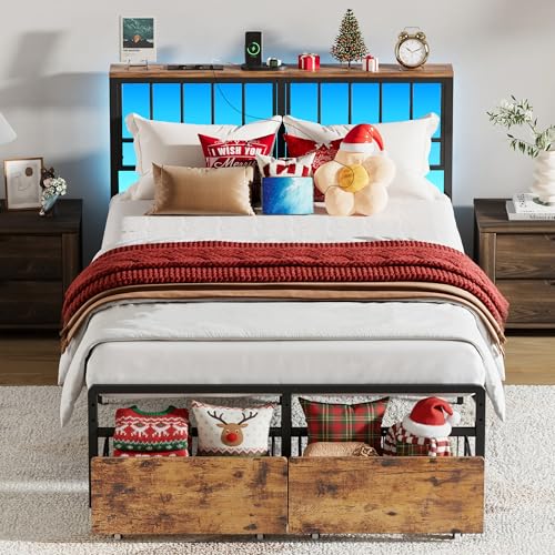 IRONCK Bett 120x200 mit LED Beleuchtung, Bettgestell 120x200 mit 2 Schubladen, Metallbett mit 2 AC-Steckdosen 1 USB 1 Typ-C-Anschluss, Jugendbett,...