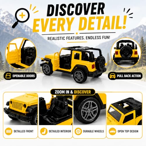 Image of Braintastic Model Diecast Car Toy Vehicle Pull Back Friction with Openable Doors Light & Music Toys for Kids Age 3+ Years (Thar Jeep Small Yellow)