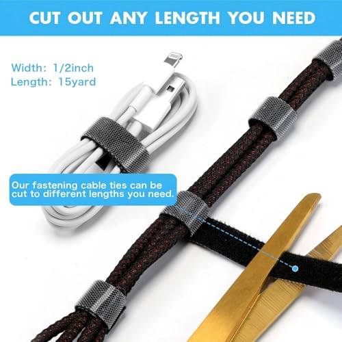 Image of WILLBOND 1 /2 Inch x 45ft Fastening Tape Cable Ties Reusable Fastening Nylon Tape Double Side Hook Roll Hook and Loop Straps Wires Cords Management Wire Organizer Straps (Black)