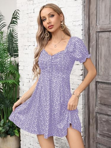 Image of Missufe Women's Puff Short Sleeve Drawstring Ruched Front Fit and Flare Floral Summer Casual Short Dress