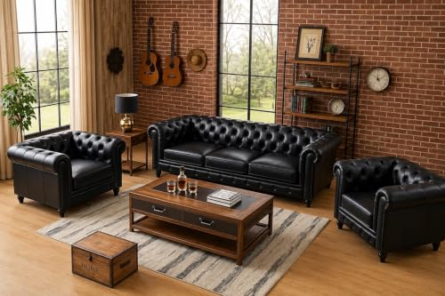 Image of Modern Classic Design Leatherette Luxury Chester Sofa Set with Button Tufted,3+1=1=5 Seater Sofa for Living Room Set,Hotle, Home, Office and Lobby (Black, 3+1+1=5 Seater Sofa)