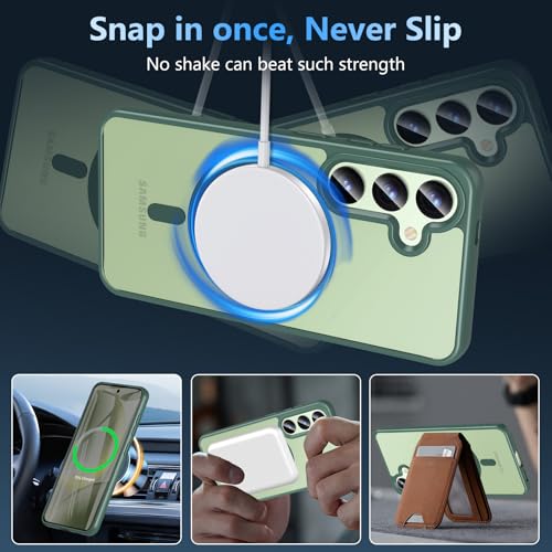 Image of OWKEY for Galaxy S24|S25 Case 6.2'',Magnetic Samsung Galaxy S24 /S25 Case for Magsafe with Tempered Glass Screen Protector, [Shockproof Military] Translucent Back Slim Bumper Cover S24 S25 Case, Green
