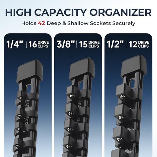 Image of Reniteco 3-Pack Socket Organizer Set, 1 /4 inch x 16 3 /8 inch x 15 1 /2 inch x 12 Clips | 43 Clip Capacity, Havy-Duty ABS Socket Rails, Removable Clips, Drive Socket Storage, Toolbox Drawer or Wall Mount