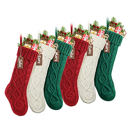 LIBWYS 6 Pack 18" Knit Christmas Stockings with Name Tags, Large Cable Xmas Stockings Classic Red, Ivory White, Green Chunky Hand Stockings