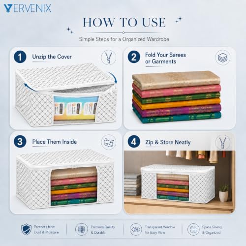 Image of VERVENIX Saree Cover Pack of 12, White Triangle Pattern Clothes Storage Bags with Zipper & Clear Window, Dustproof Wardrobe Organizer for Suits, Sarees, Dresses & Shirts