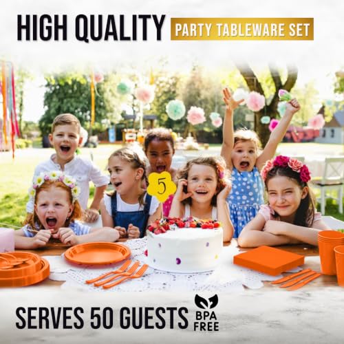 Image of Exquisite 350 Pcs Orange Plates and Napkins Party Supplies Plate Sets | Sturdy Plastic Dinnerware Set With 9 inch & 7 inch Plates, 12 Oz Cups, Lunch Napkins and Cutlery Serves 50 for Birthdays & Everyday