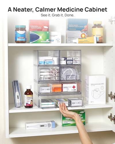 Image of Vtopmart Stackable Storage Drawers Set of 6, Clear Plastic Organizer Bins for Bathroom Supplies, Ideal for Cabinet,Shelf, Pantry, Laundry Room Organization