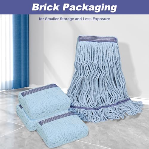 Image of Commercial Heavy Duty Mop Heads Replacement: 6 Pack Industrial Wet Reusable Mop Head for Floor Cleaning, Washable Refills Blue Cotton Looped End String Mopheads for General Maintenance