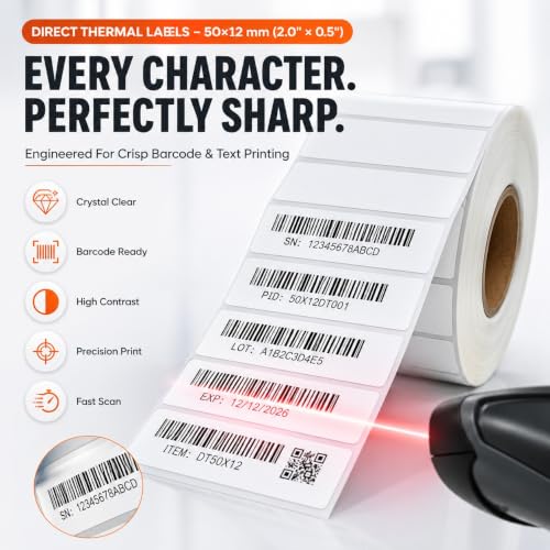 Image of Direct Thermal Labels (Pack of 10, 50mm x 12mm - 500Labels /Roll) - Non Tearable, Scratch Free, Water Proof & Non Fade Stickers with Permanent Marking