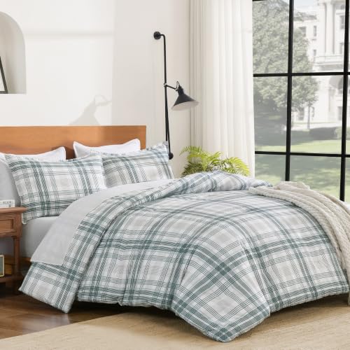Image of Andency Blue Plaid Comforter Set Full(79x90 Inch), Gingham Checkered Grid Stripes Bedding Comforter Sets for Boys Girls Kids, 3 Pieces Preppy Geometric Line Soft Lightweight Reversible Bed Set as Gift