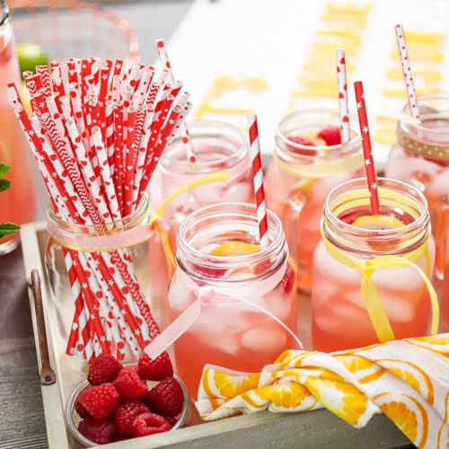 Image of 200 Pack Disposable Assorted 8-Style Paper Straws - 7.75 Inches Striped, Heart, and Star Patterned Drinking Straws for Valentine's Day, Weddings, Engagements, and Romantic Celebrations Party Supplies