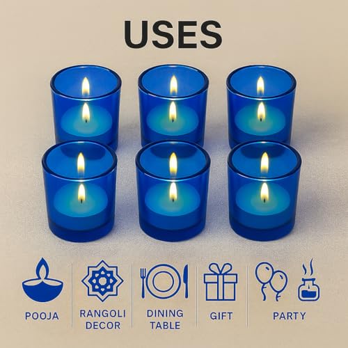 Image of Pure Source India Votive Glass- Pack of 6 | Decorative Tealight Holders with One Tea Light Candles for Home Decor, Diwali Decoration, Weeding Decor & Festive Lighting (Blue)