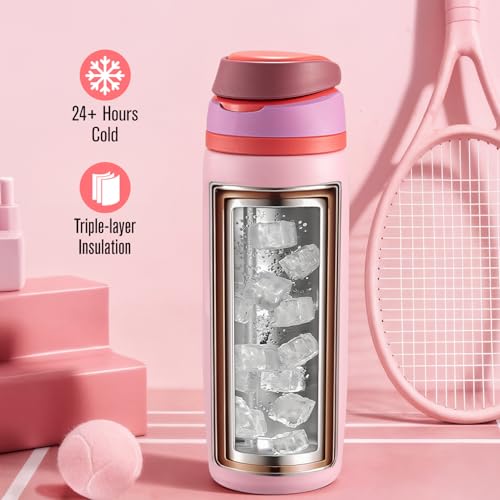 Image of Coolflask MegaSip Insulated Water Bottle with Straw, Stainless Steel Water Bottles Leak-Proof, 24+ Hours Cold, BPA-Free Dishwasher Safe, Water Flask for Sports Gym Work Office 32 oz, Blush Pink