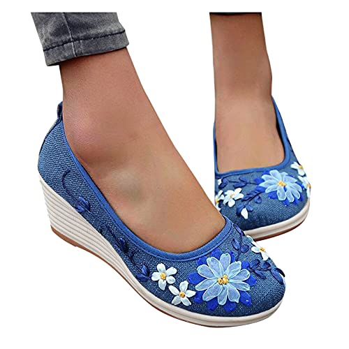 Aniywn Women's Closed Toe Espadrilles Wedge Sandals Round Toe Wedge Slip On Sandals Comfy Platform Pumps Shoes Blue
