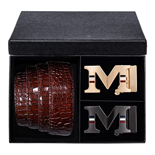 Red Leather Automatic Buckles with Box Ratchet Men Belt Waistband for Wedding Business Boxed Mens Belts Set (Color : Wine red Size : 110cm)