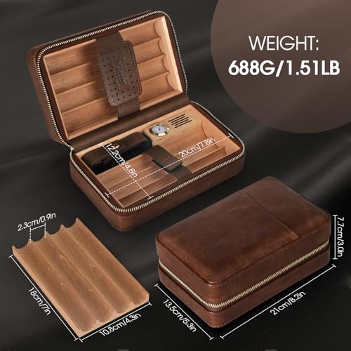 Scotte Cigar Humidor Box, Cigar Lighter Cedar Wood Lined Leather Cigar Case Built in Hygrometer & Humidifier, Torch Lighter with Cigar Holder Cigar Punch Portable Travel Cigar Humidor (Smooth Brown)