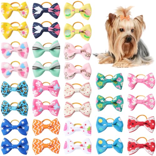 CREATCABIN 32 Pieza (16 París) Lazos para el Pelo de Perro Pequeños Y Lindos Lazos para Cachorros con Bandas de Goma Hechos A Mano para Perritos Gatos Gatitos Conejos Accesorios de Aseo para 4x2.4cm