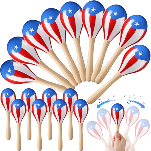 Teyva Daily 30 Pcs Puerto Rico Flag Wooden Maracas 7.6" Large Musical Shakers for Fiesta, Party Favors, Decorations, Cultural Events & Festive Celebrations by Teyva Daily - Used condition - US$36.28