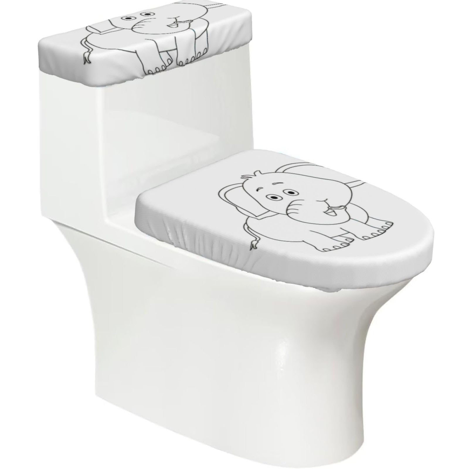 White Elephant Print Bathroom Decor Toilet Lid Cover And Tank Covers, Restroom Accessories Fits Most Round
