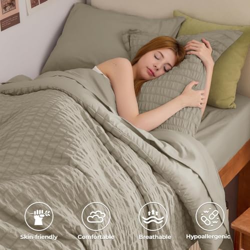 Image of HYMOKEGE Linen Twin Comforter Set Seersucker 5 Pieces, All Season Luxury Bed in a Bag for Bedroom, Bedding Set with Comforter, Sheets, Pillowcase & Sham