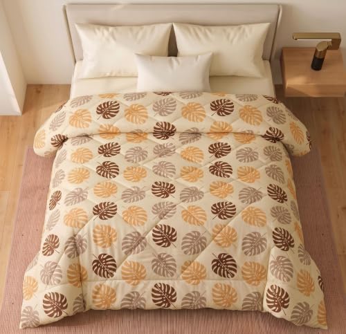Image of HOMEKART 220 GSM Reversible Microfiber AC Comforter /Duvets for Mild Winter | All Season Single Size 3 Layered Quilted Blanket for Single Bed (230 cm x 150 cm,Beige Leaf)