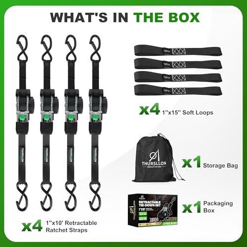 Image of Retractable Ratchet Straps (4-Pack) - 1 Inch x 10 Feet (1,650lb Break Strength) - Auto Self Retracting Tie Down Straps for Truck, Cargo Trailer, Motorcycle, ATV, UTV - Black