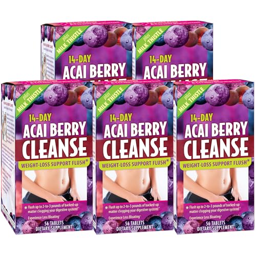 Applied Nutrition 14-Day Acai Berry Cleanse - 56 Tablets Pack of 5 - Weight-Loss Support Flush + Milk Thistle - 140 Total Servings