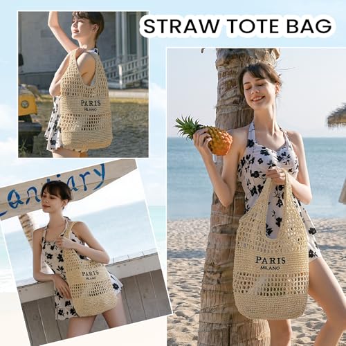 Image of Pleneal Beach Bags for Women - Women Beach Tote Bag, Summer Mesh Hollow Straw Tote Bag for Holiday Market