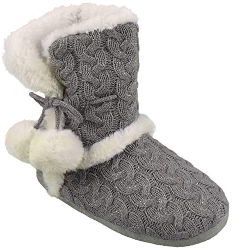 Chinese Laundry Womens Bootie Slipper, with Pom Poms, Plush & Knit Slipper Bootie with Memory Foam, Grey, size Small 5/6