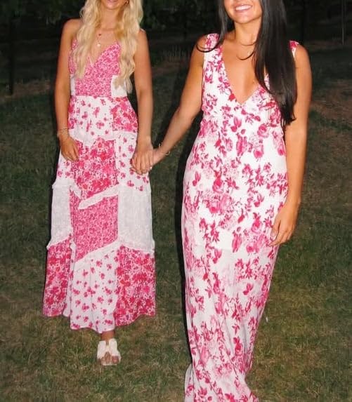 Image of Women Y2k Floral Smocked Maxi Dress Bow Tie Shoulder Tiered Ruffle Midi Sun Dress Boho Casual Beach Long Dresses