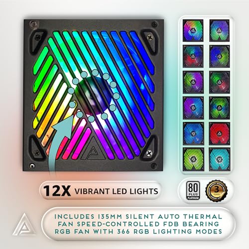 Image of Apevia ATX-MT1000W Mystic 1000W Fully Modular 80+ Platinum Certified, PCIe 5.0 & ATX 3.0 Ready Active PFC ATX RGB Gaming Power Supply, Includes Gen 5 12VHPWR Connector & 366 RGB Light Modes