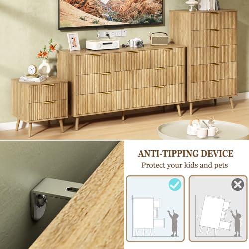 CARPETNAL Fluted 7 Double Drawers Dresser for Bedroom, 55”Wide Modern Chest of Drawers with Deep Drawers,Curved Profile Design, Wood Drawer Organizer for Living Room, Hallway, Natural Oak - Image 5