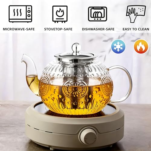 Image of Amzcku 50OZ /1500ml Vintage Glass Teapot Set with 4 Cups, Teapot Set with Removable Infuser Stovetop Safe, Borosilicate Glass Tea Kettle for Blooming & Loose Leaf Tea