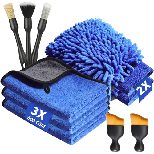 KEYAYE 10 Stück Autopflege Set mit 3er Mikrofasertücher, Mikrofaser Waschhandschuh, Detailingbürste Weiche Borsten, 600 GSM Auto Trockentuch zum Kratzfreien Trocknen & Auto Polieren, 40x30cm