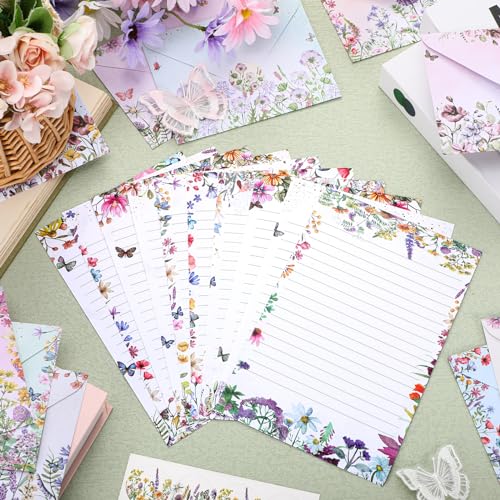 Image of TaoBary 160 Pcs Stationery Paper Set 50 Double Sided Stationery Papers with 50 Matching Envelopes and 60 Round Dot Sticker, 10 Design(Wildflower,5.5 x 8.25 Inch)